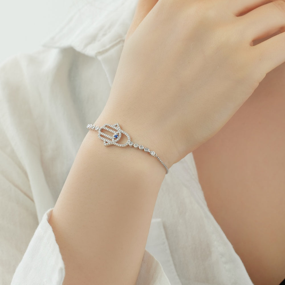 Women's Adjustable Bracelet, Hamsa Hand Evil Eye Paved Zirconia Inlay, S925 with White Gold Plating