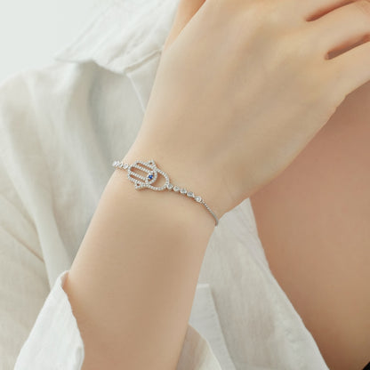 Women's Adjustable Bracelet, Hamsa Hand Evil Eye Paved Zirconia Inlay, S925 with White Gold Plating
