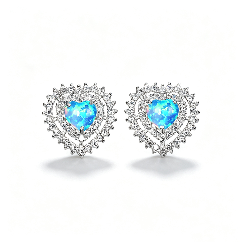 Women's Double‑Layer Heart Opal Stud Earrings, Full Zirconia Halo Setting, with White Gold Plating