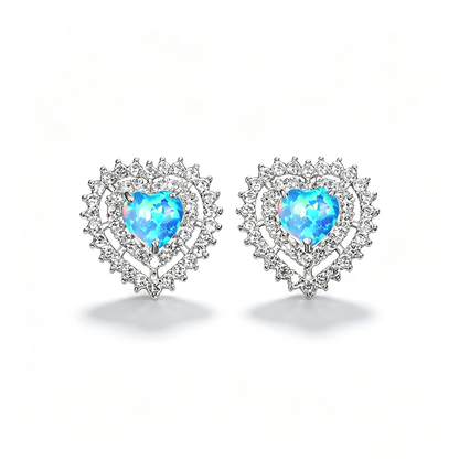 Women's Double‑Layer Heart Opal Stud Earrings, Full Zirconia Halo Setting, with White Gold Plating