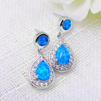 Women's Double Teardrop Halo Zirconia Dangle Earrings Inlaid With Blue & White Opal