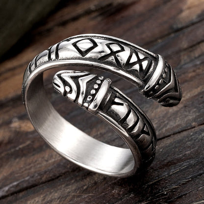 Vintage Stainless Steel Narrow Band Viking Script Symbol Snake Ring for Men