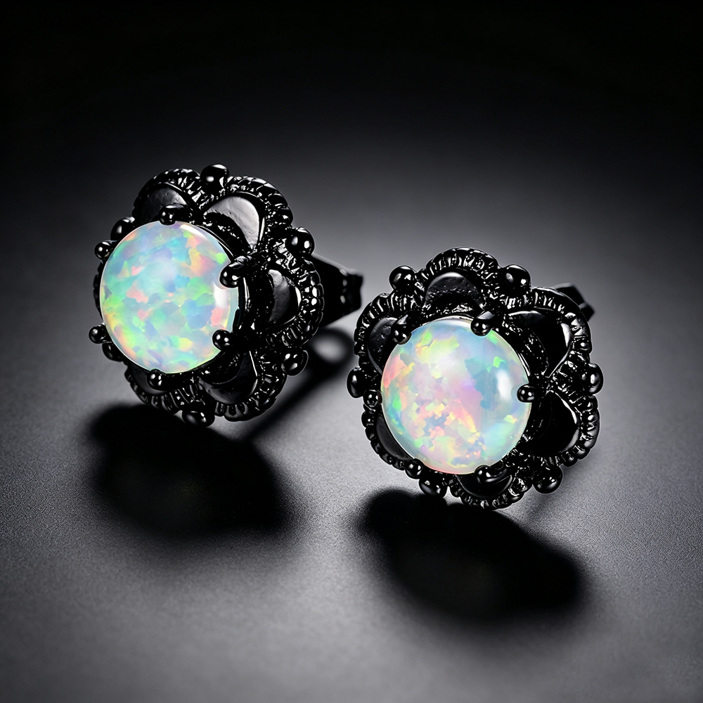 Women's Vintage Flower Stud Earrings, White Opal Prong Inlay, Black Plating