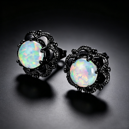 Women's Vintage Flower Stud Earrings, White Opal Prong Inlay, Black Plating