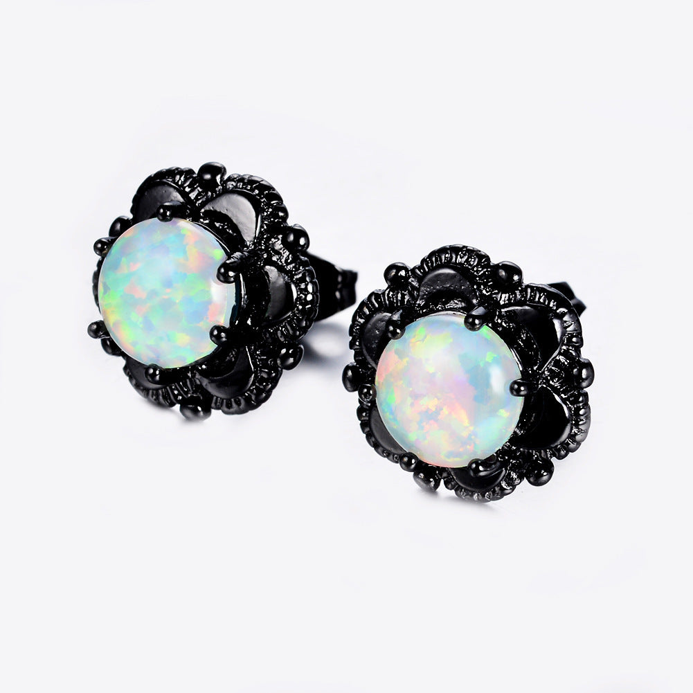Women's Vintage Flower Stud Earrings, White Opal Prong Inlay, Black Plating