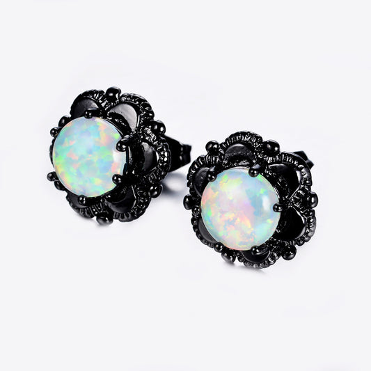 Women's Vintage Flower Stud Earrings, White Opal Prong Inlay, Black Plating