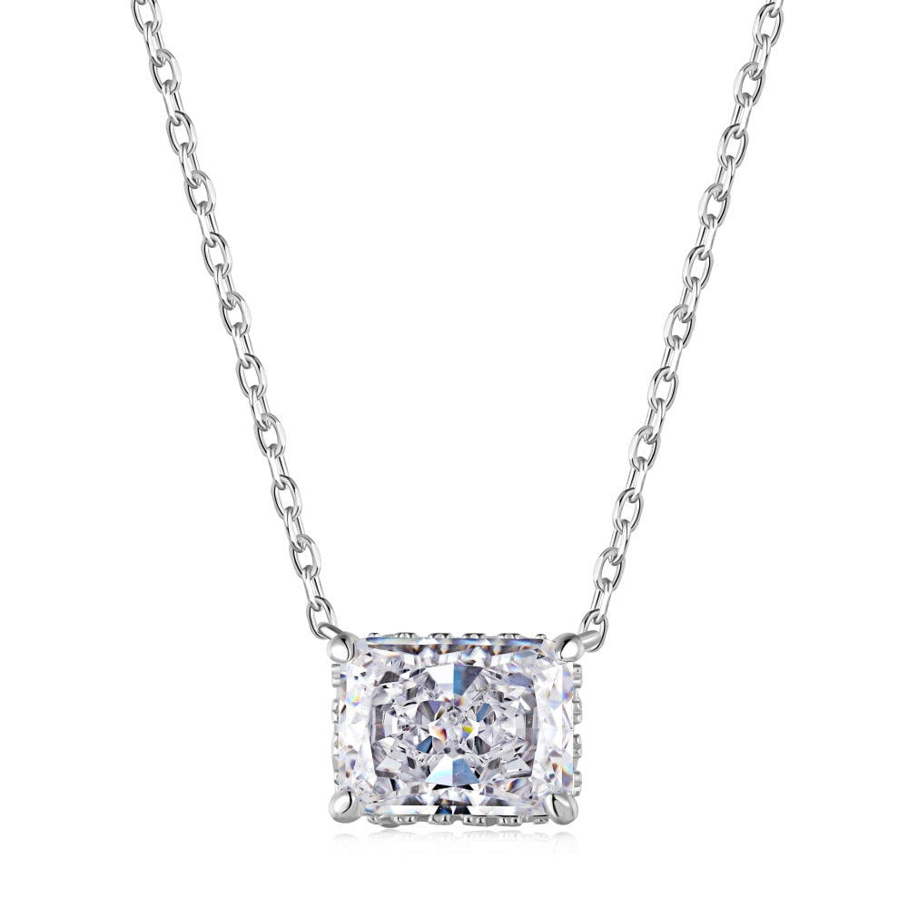 Women's Luxury Pendant Necklace, Rectangle Shape Crushed Ice Cut Colorless Zirconia Inlay, S925 with White Gold Plating