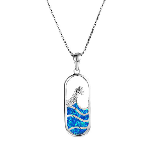 Platinum oval blue sapphire ocean wave necklace