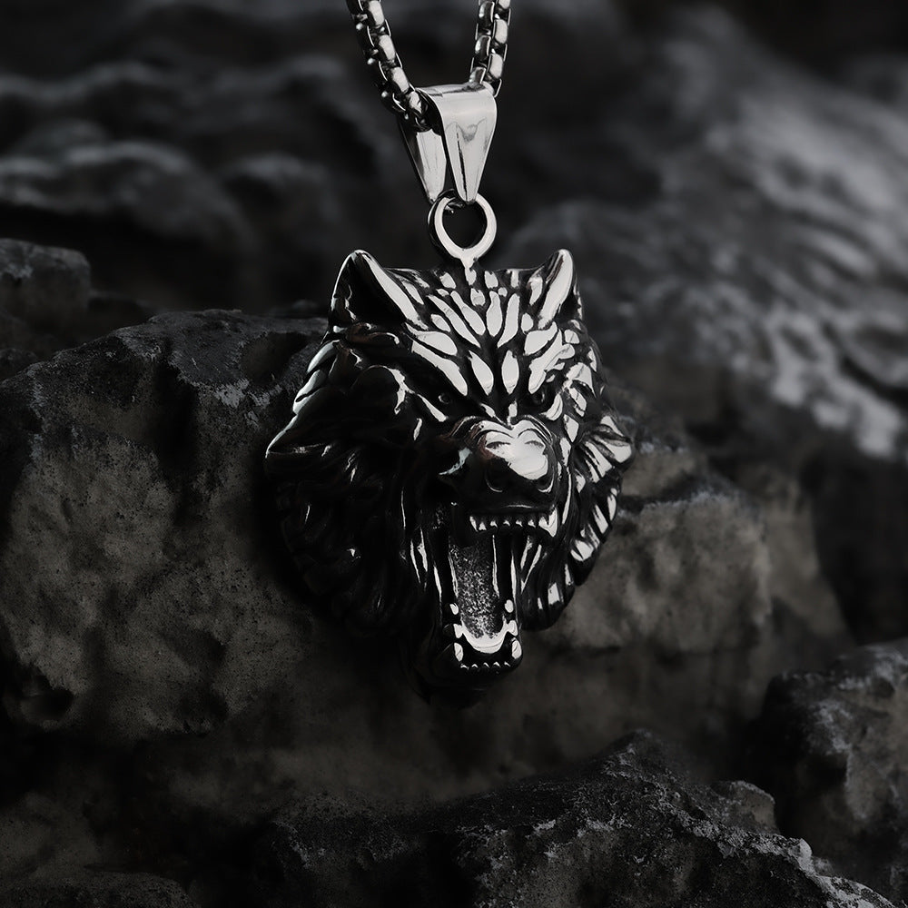 Men's Steel 3D Roaring Wolf Head Pendant Necklace