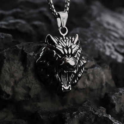 Men's Steel 3D Roaring Wolf Head Pendant Necklace