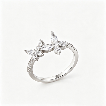 Women's S925 Silver Ring with White Gold Plating, Double Butterfly Inlaid Cubic Zirconia Unique Ladies Fashion Ring