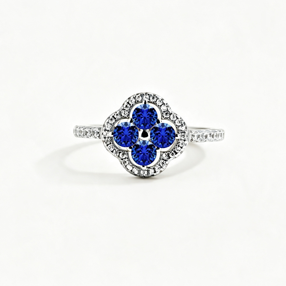 Women's S925 Silver White Gold Tone Ring, Four-Leaf Clover Shape Blue Cubic Zirconia Halo Design Ladies Fashion Ring