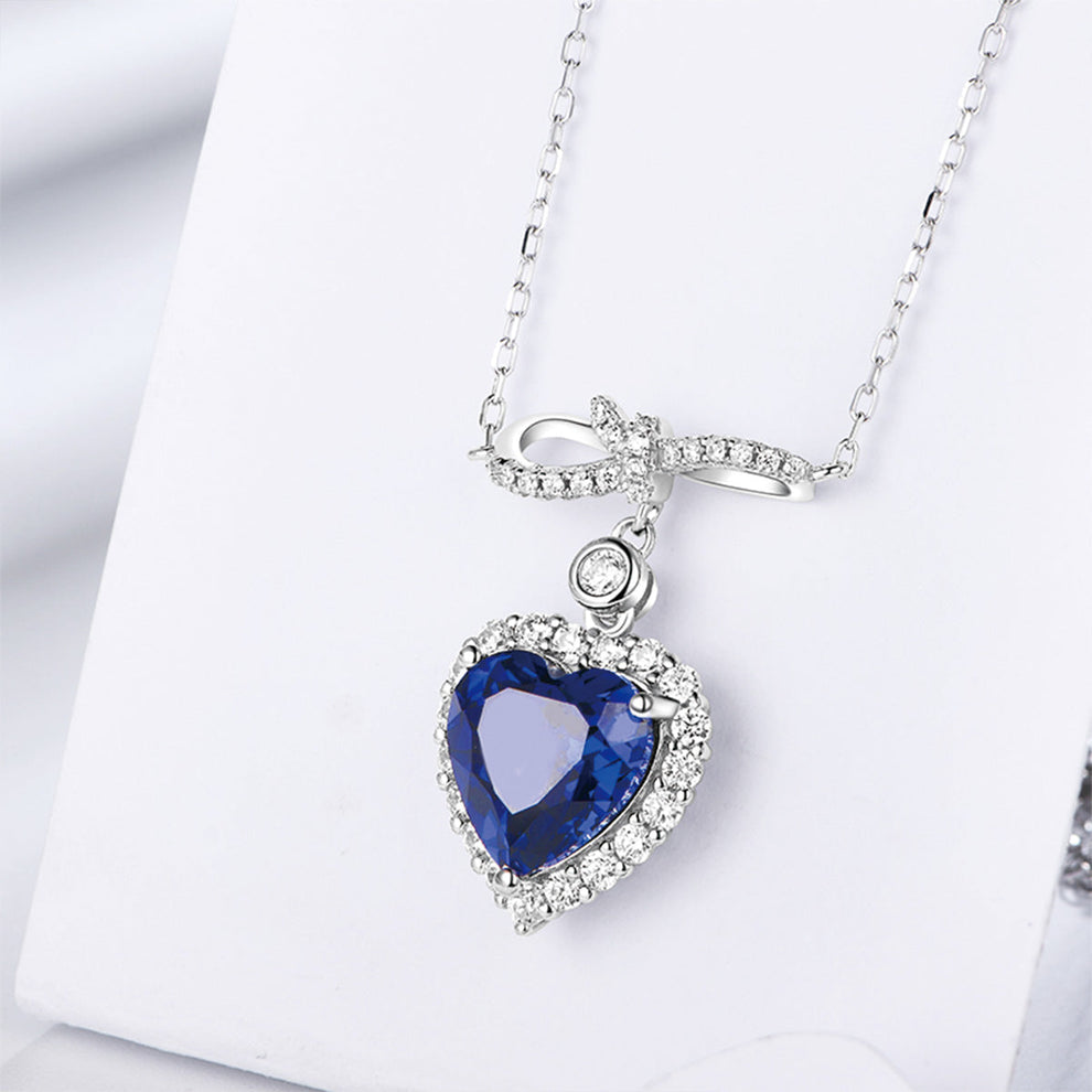 Women's Bow-knot Heart Blue Sapphire Pendant with Worldwide Setting Full Diamond