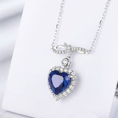 Women's Bow-knot Heart Blue Sapphire Pendant with Worldwide Setting Full Diamond