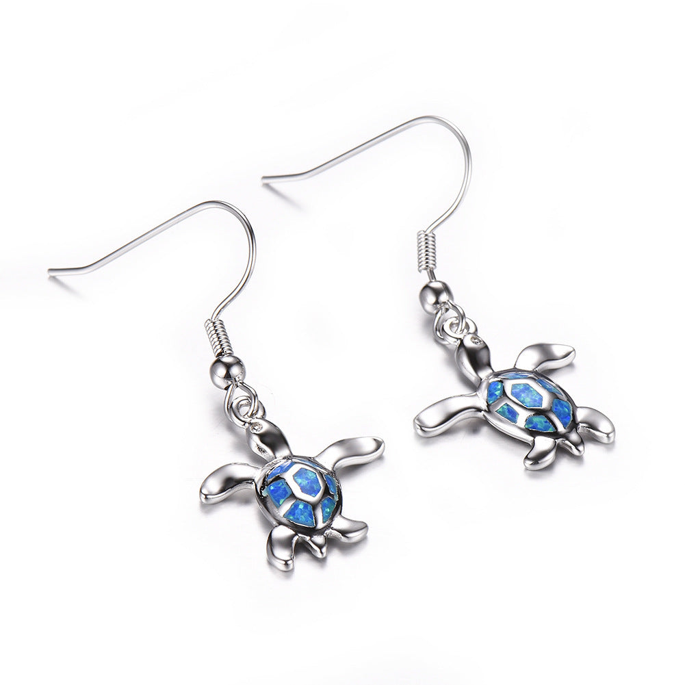 Women's Sea Turtle Shape Opal Dangle Earrings, Blue Opal / White Opal