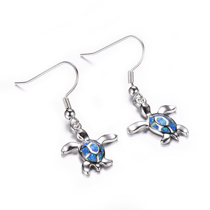 Women's Sea Turtle Shape Opal Dangle Earrings, Blue Opal / White Opal