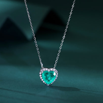 Women's Heart Pendant Necklace, Paraiba Color Green Sapphire Inlay, S925 with White Gold Plating