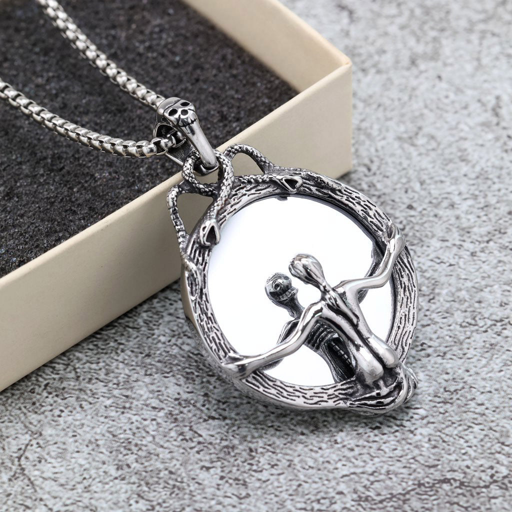 Retro stainless steel men's Gothic magic mirror pendant necklace