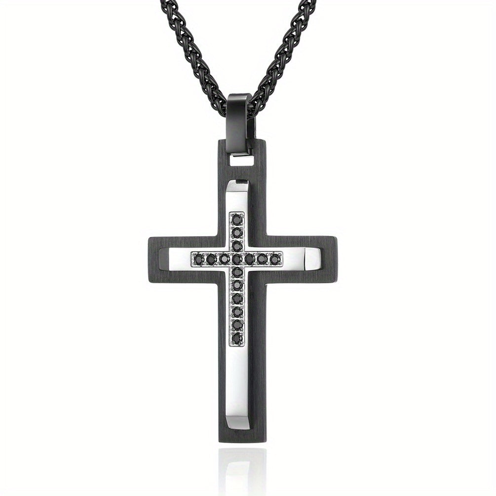 Men's Double-Layer Beveled Stone-Inlaid Cross Pendant Necklace