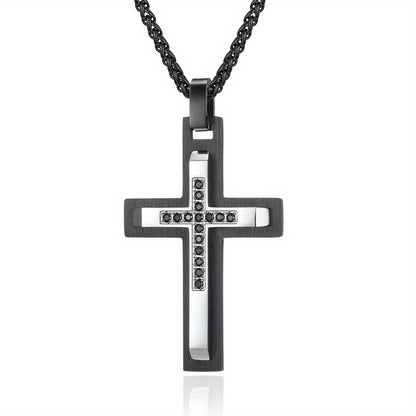 Men's Double-Layer Beveled Stone-Inlaid Cross Pendant Necklace