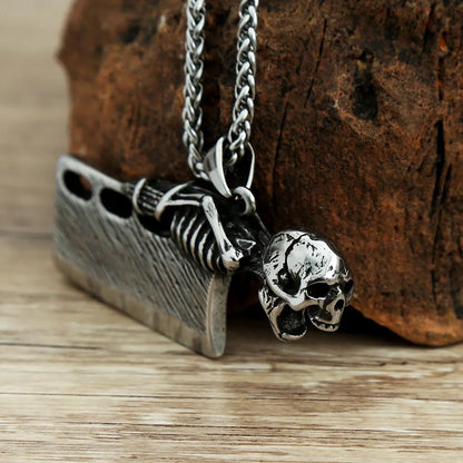Mens Steel Skeleton Cleaver Pendant Necklace