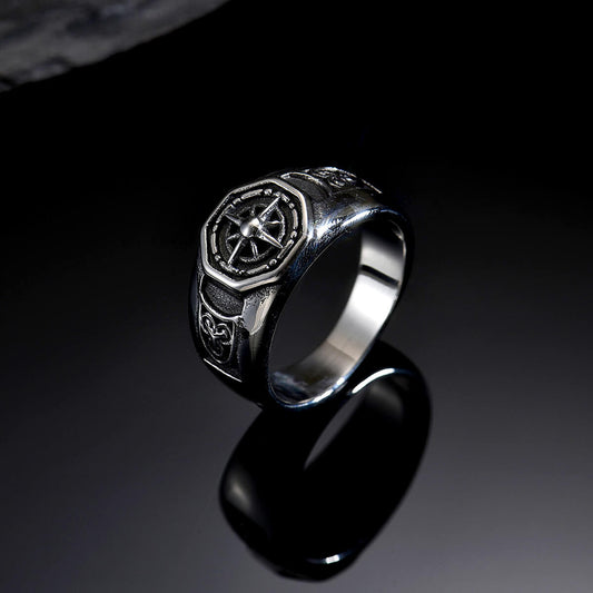 Men's Vintage Compass Six-Pointed Star Wide-Faced Ring