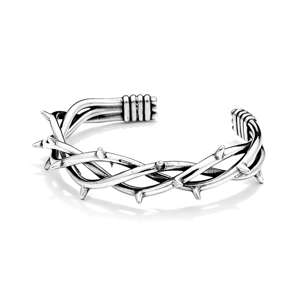Men's Vintage Twisted Stainless Steel Open C Cuff Bracelet, Thorn Crown Gothic Style Retro Adjustable Bangle