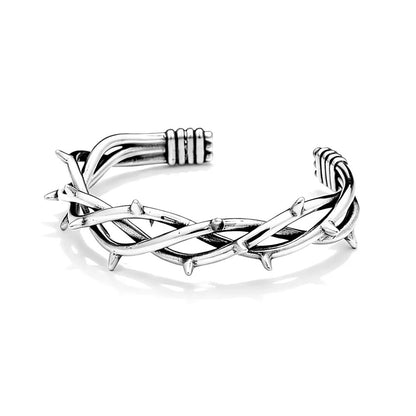 Men's Vintage Twisted Stainless Steel Open C Cuff Bracelet, Thorn Crown Gothic Style Retro Adjustable Bangle
