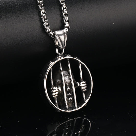 Men's Steel Prison Skull Round Pendant Necklace Punk Street Jewelry