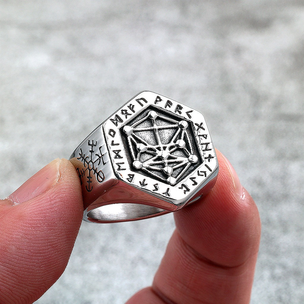 Vintage Nordic Solid Stainless Steel Viking Rune Vegvisir Compass Ring for Men