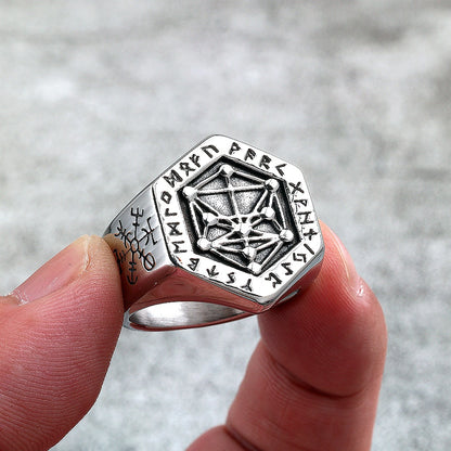 Vintage Nordic Solid Stainless Steel Viking Rune Vegvisir Compass Ring for Men
