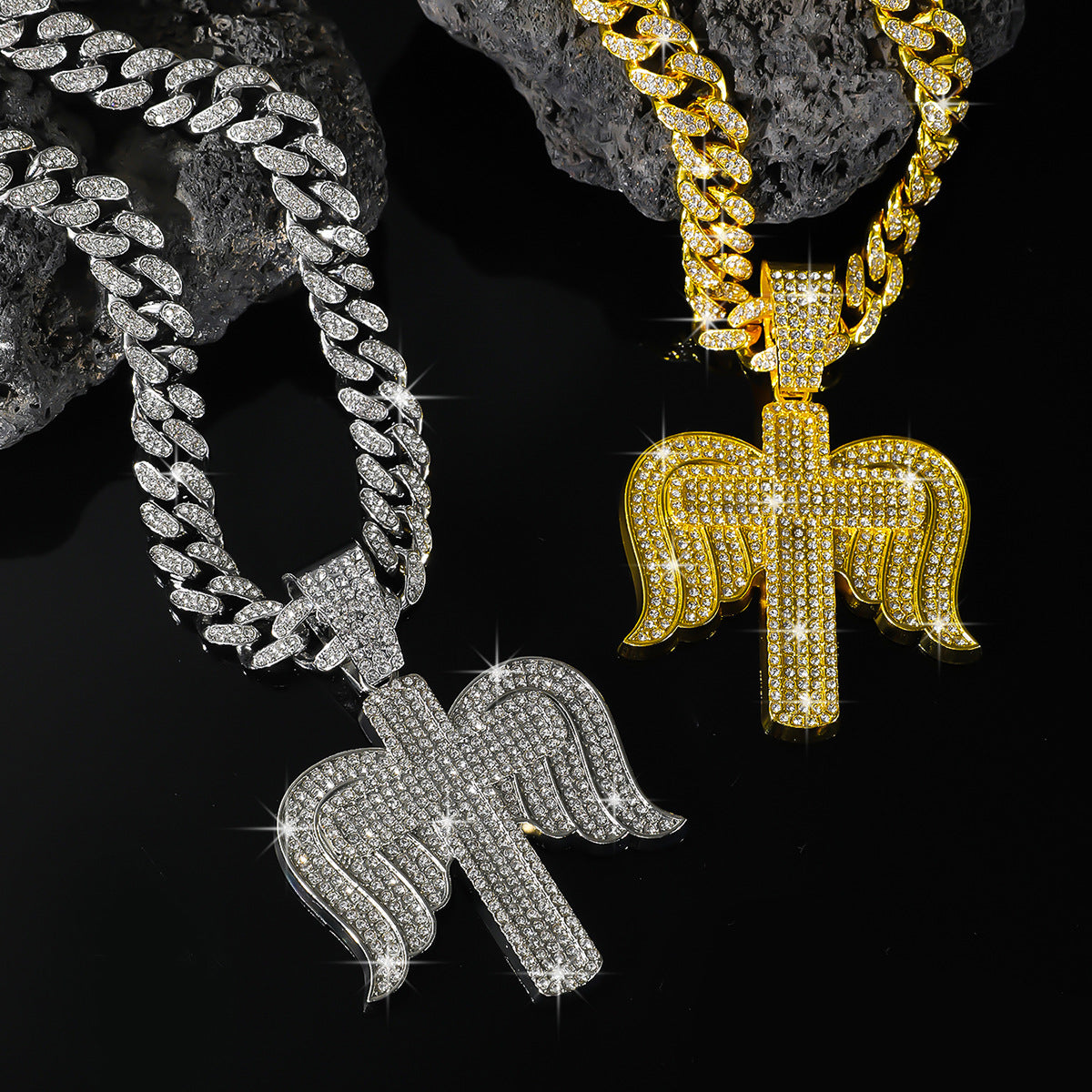 Hip-Hop Angel Wing Cross Cuban Chain Pendant Necklace