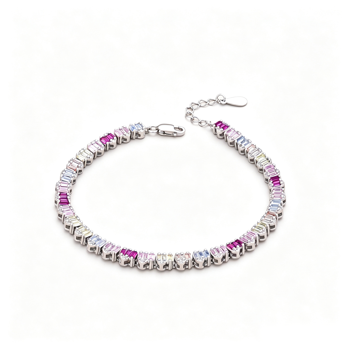 Women's Delicate Tennis Bracelet, Multicolor Baguette Zirconia Full Paved Inlay, S925 with White Gold Plating