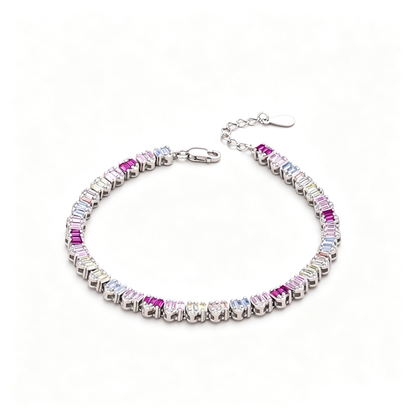 Women's Delicate Tennis Bracelet, Multicolor Baguette Zirconia Full Paved Inlay, S925 with White Gold Plating