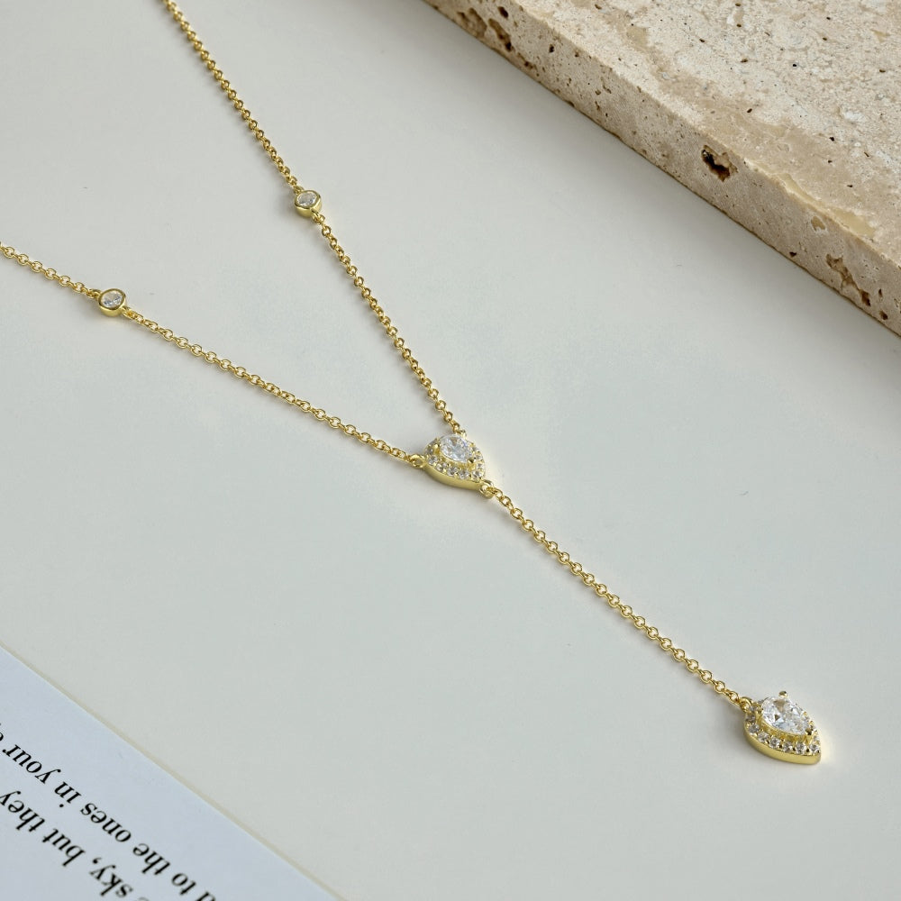 Women's Delicate Pendant Necklace, Pear Shape Zirconia & Round Zirconia Inlay, S925 with 18K Gold Plating