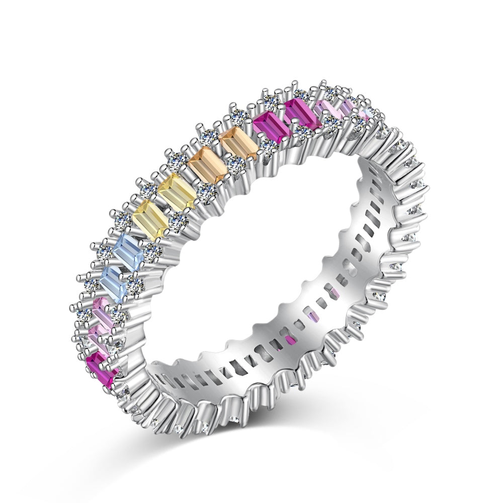 Women's Colorful Rectangular Zirconia Paved Hollow Design Ring, S925 with White Gold Plating