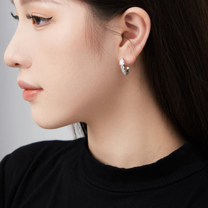 Women's U‑Shape Click Hoop Earrings, Teardrop & Round Paved Zirconia, S925 with White Gold Plating