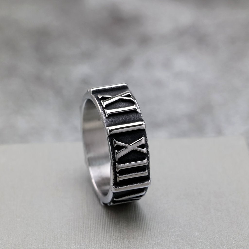 Vintage  Stainless Steel Roman Numeral Embossed Band Ring for Men