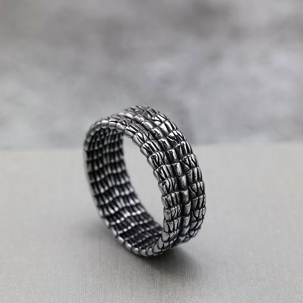 Vintage Solid Stainless Steel Slim Narrow Dragon Pattern Band Ring for Men