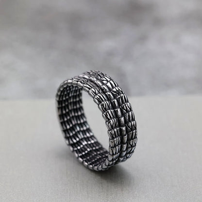 Vintage Solid Stainless Steel Slim Narrow Dragon Pattern Band Ring for Men