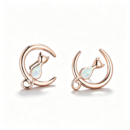 Women's Cat‑On‑Crescent‑Moon Stud Earrings With Teardrop Opal, with White Gold / Rose Gold Plating
