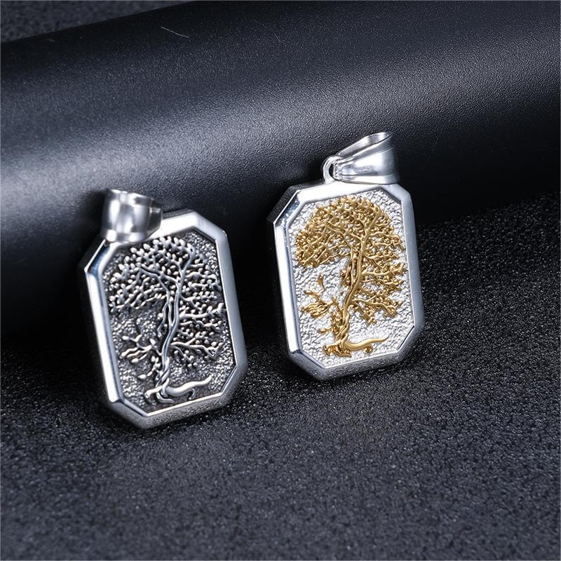 Men's Steel Two Tone Tree of Life Square Tag Pendant Necklace