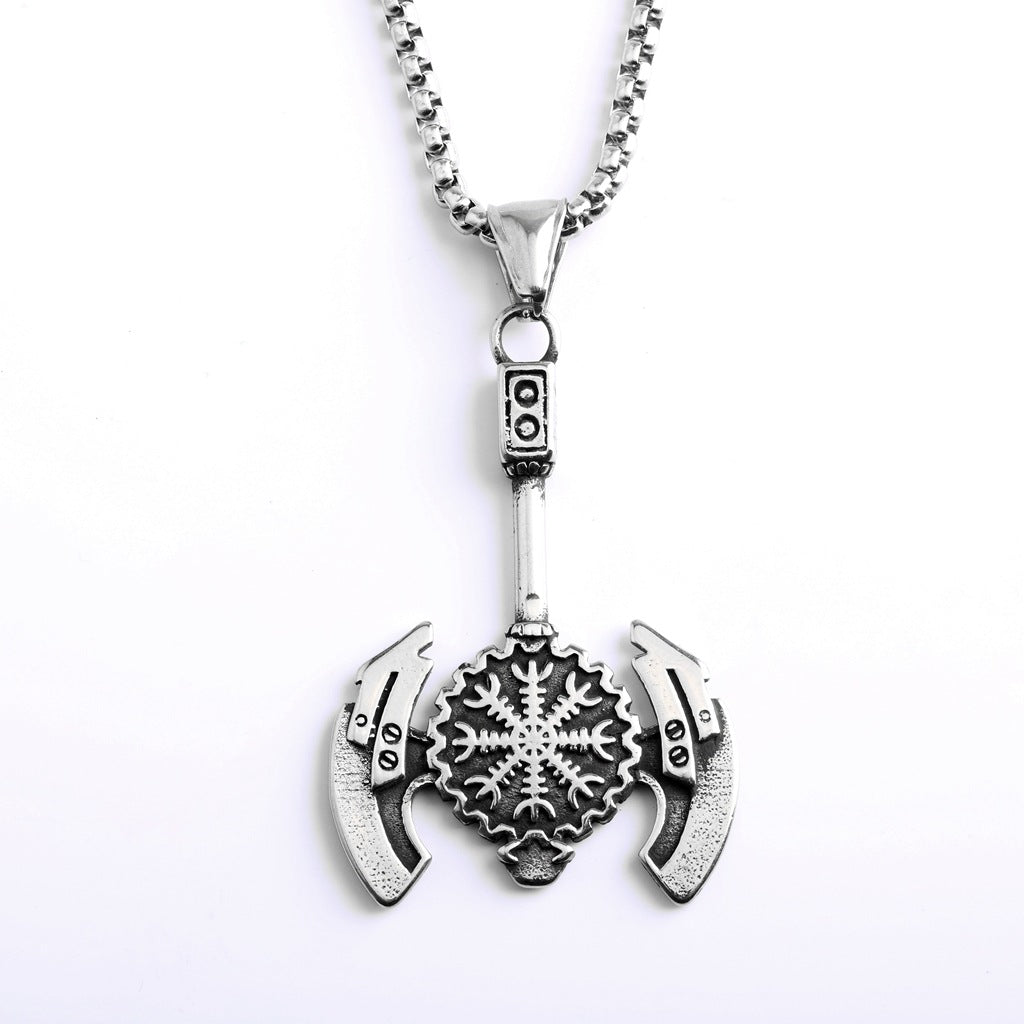 Men's Steel Viking Axe Helm of Awe Pendant Necklace