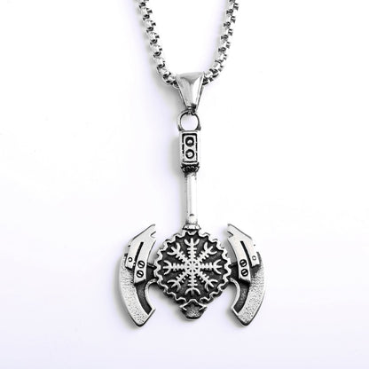 Men's Steel Viking Axe Helm of Awe Pendant Necklace