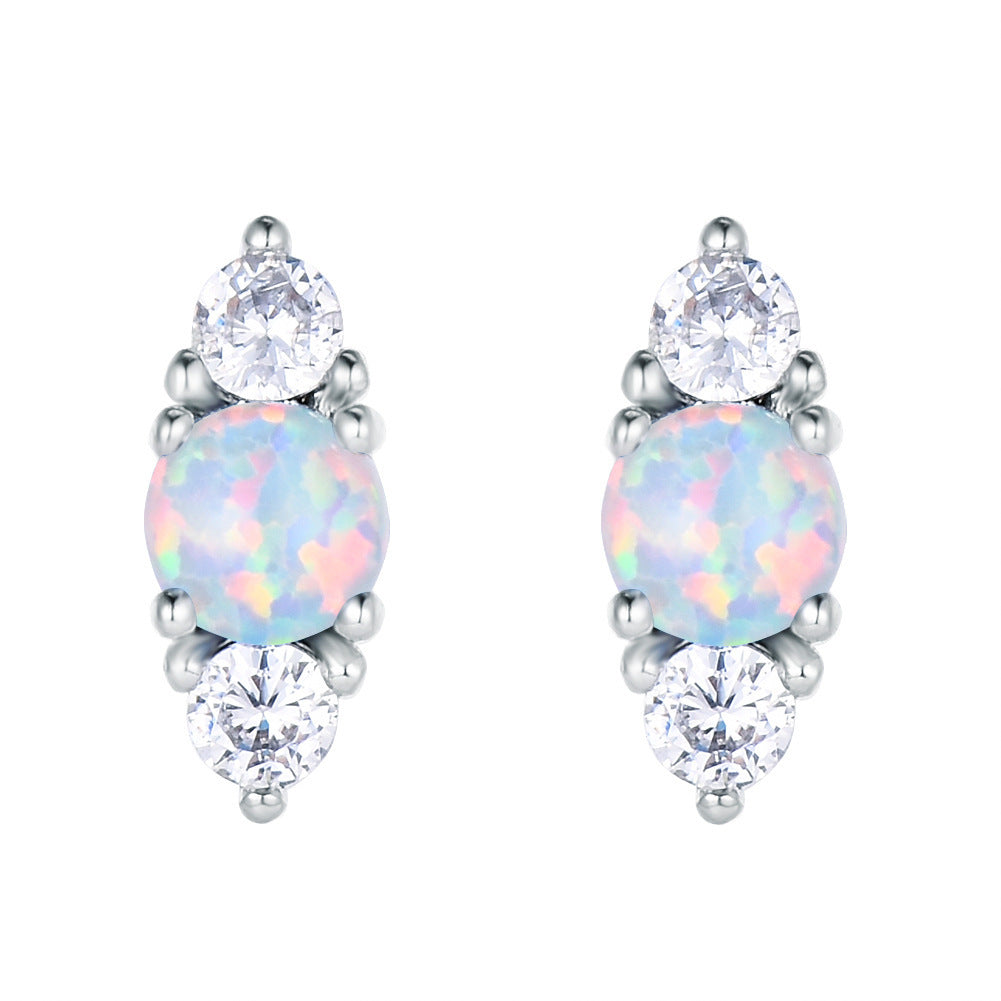 Women's Three‑Stone Stud Earrings With Round Opal & Round Zirconia, with White Gold / Rose Gold Plating