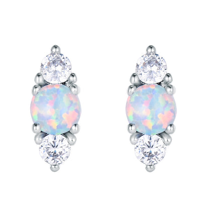 Women's Three‑Stone Stud Earrings With Round Opal & Round Zirconia, with White Gold / Rose Gold Plating