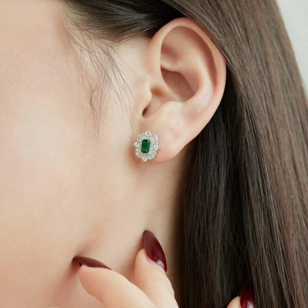 Women's Vintage Double Halo Stud Earrings, Rectangle Emerald Center Stone, S925 with White Gold Plating