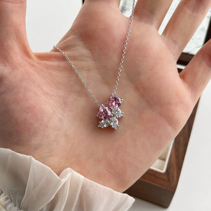 Women's Luxury Pendant Necklace, Pear Shape Colorless Zirconia & Heart Shape Pink Zirconia Spliced Inlay, S925 with White Gold Plating