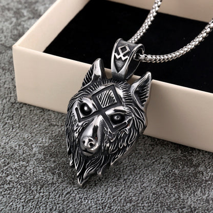 Vintage Stainless Steel Men's Viking Wolf Head Symbol Pendant Necklace