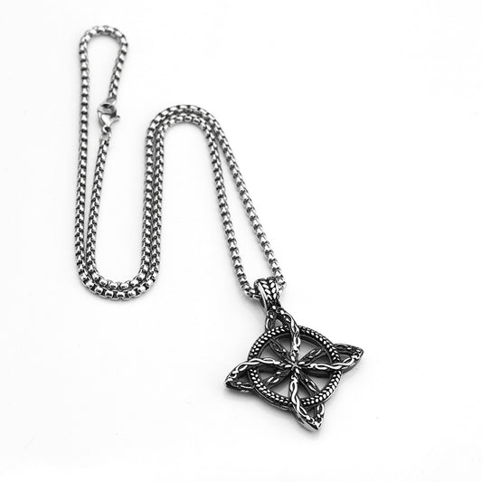 Vintage Antique Oxidized Stainless Steel Men's Hollow Celtic Four Leaf Love Knot Viking Pendant Necklace